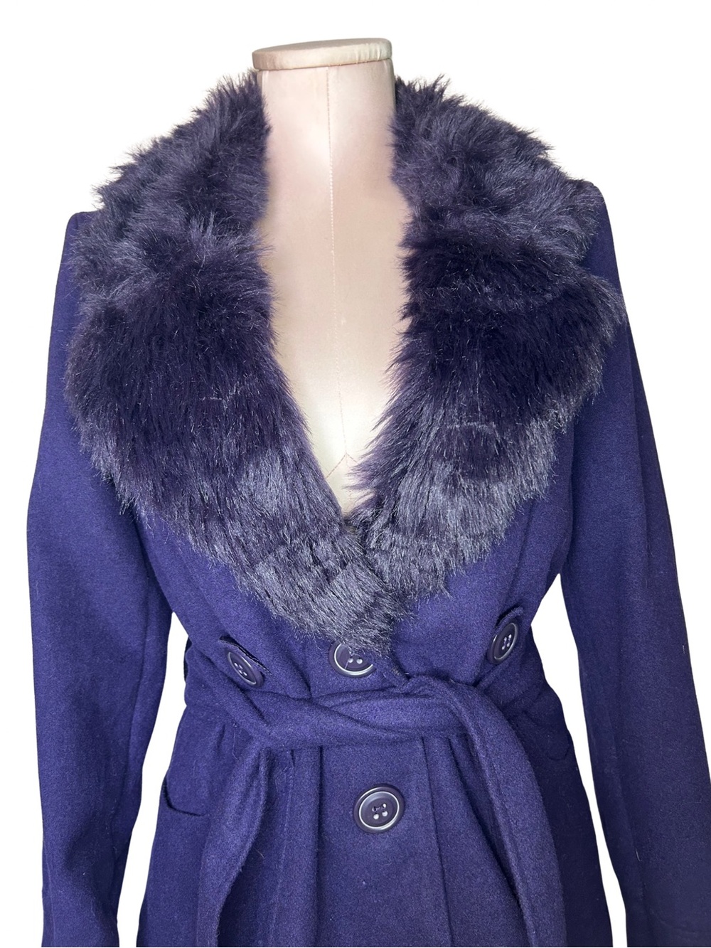 Faux Fur Collar Double-Breasted Purple Wool Coat